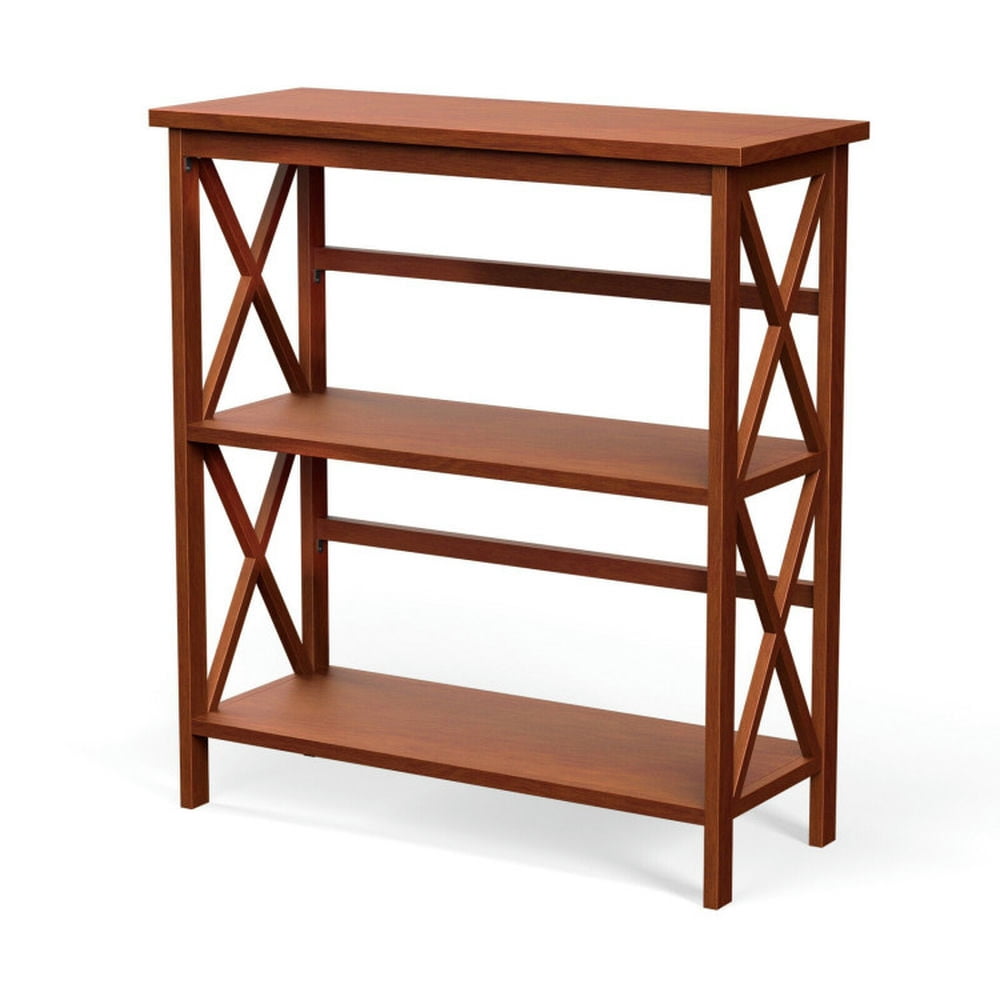 Finihen 3-Tier Wooden Bookshelf, Multi-Functional X-Design Etagere Storage Bookcase, Brown