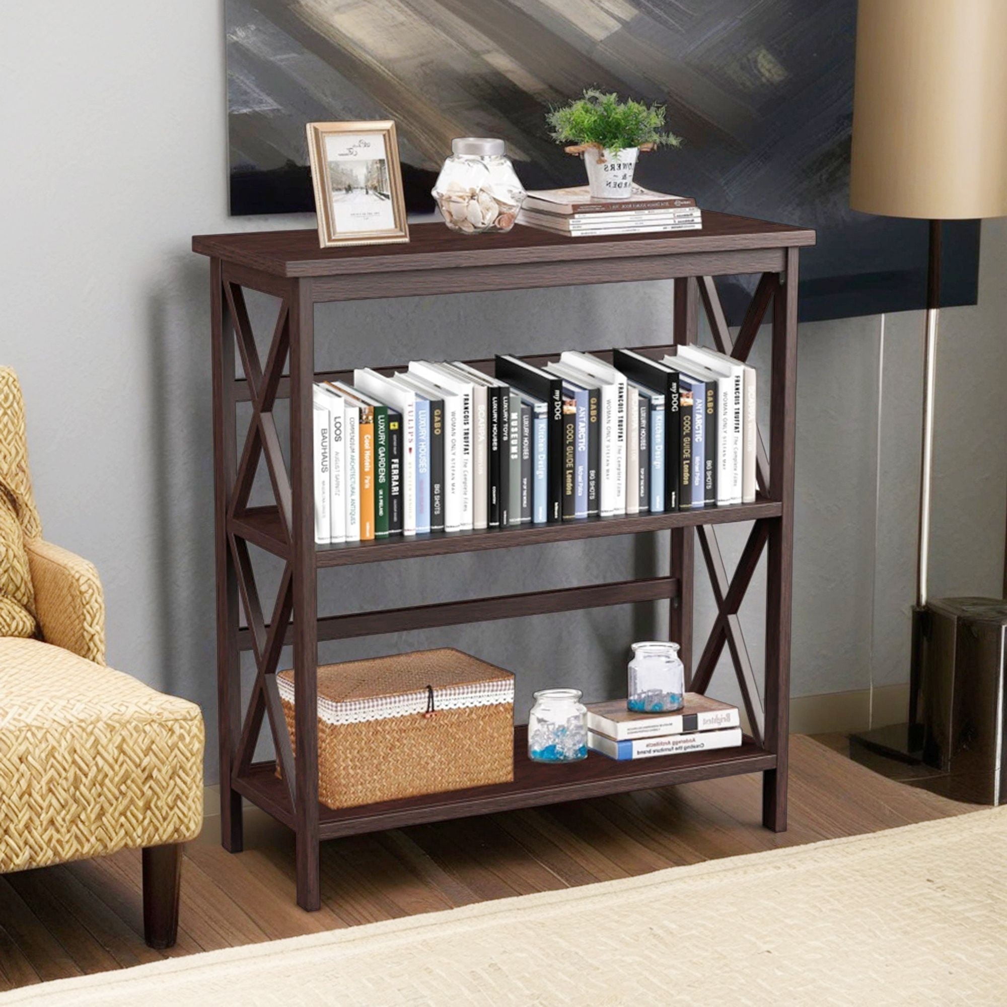 Demi Bonn 3-Tier Wooden Bookshelf, Multi-Functional X-Design Etagere Storage Bookcase, Dark Brown