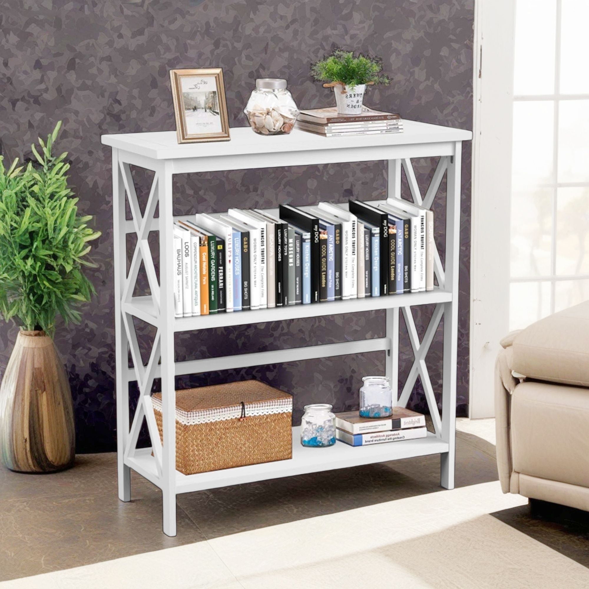 Demi Bonn 3-Tier Wooden Bookshelf, Multi-Functional X-Design Etagere Storage Bookcase, White