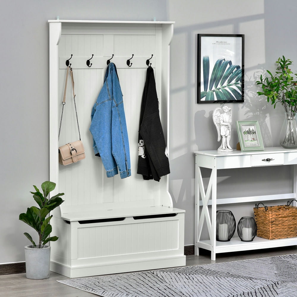 Finihen 3-in-1 Hall Tree with Storage Bench, Multi-Purpose Home Organizer, Entryway Solution with 5 Hooks and Shoe Storage, White Finihen 3-in-1 Hall Tree with Storage Bench, Multi-Purpose Home Organizer, Entryway Solution with 5 Hooks and Shoe Storage, White