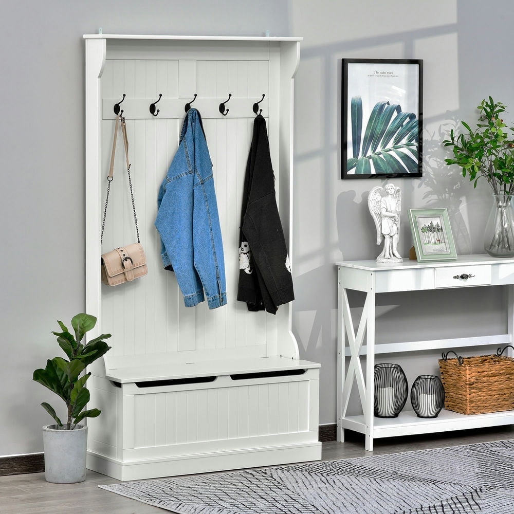 Demi Bonn 3-in-1 Hall Tree with Storage Bench, Multi-Purpose Home Organizer, Entryway Solution with 5 Hooks and Shoe Storage, White