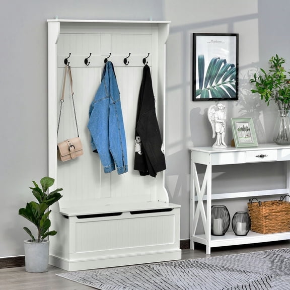 Demi Bonn 3-in-1 Hall Tree with Storage Bench, Multi-Purpose Home Organizer, Entryway Solution with 5 Hooks and Shoe Storage, White