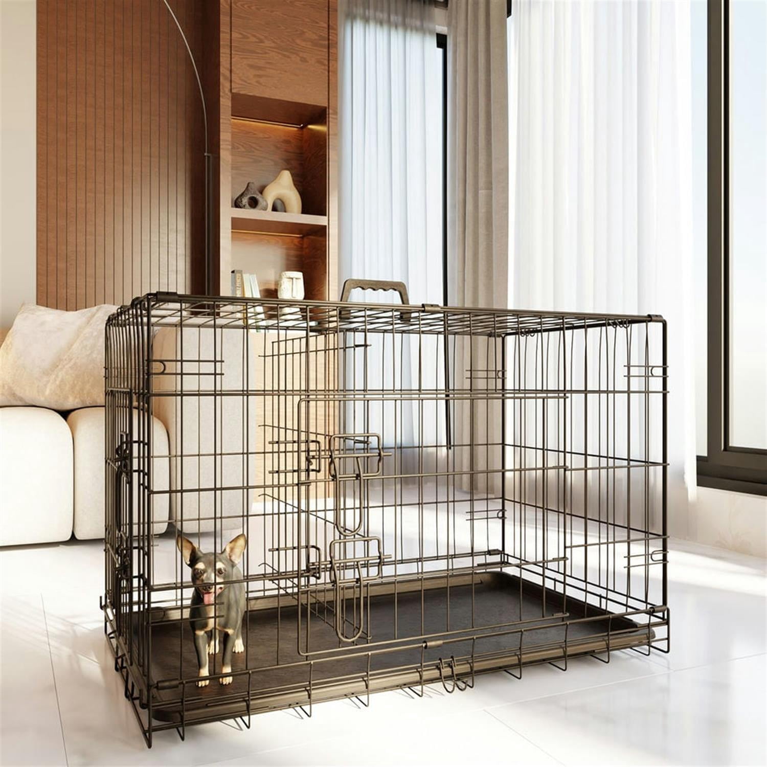 Finihen 30" Medium Dog Cage with Divider and Plastic Leak-Proof Pan Tray, Double Door Folding Metal Wire Dog Crate for Indoor, Outdoor, and Travel, Black