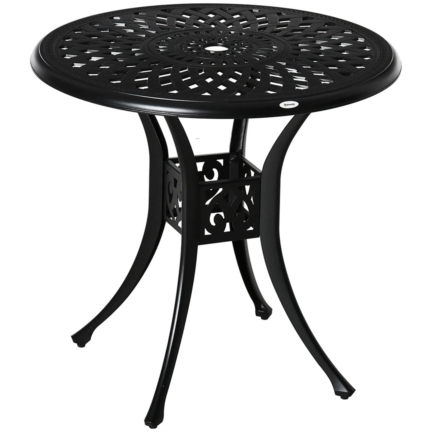 Demi Bonn 30" Outdoor Bistro Tables with Umbrella Hole, Antique Cast Aluminum Round Tempered Glass Metal Table for Backyard, Lawn, Balcony, Porch, Black