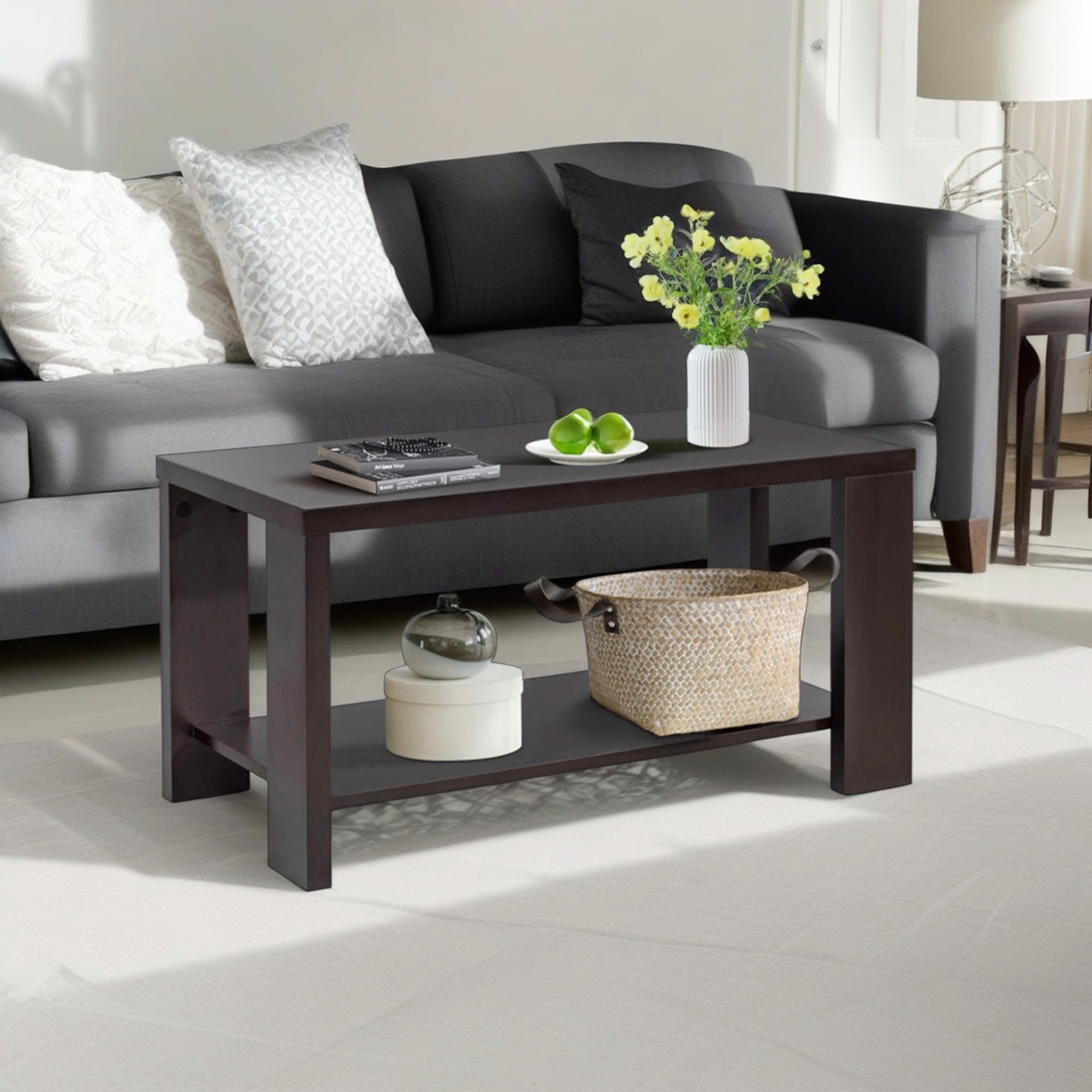 Demi Bonn 31.5" Coffee Table, Rectangular Cocktail Side Table with Storage Shelf, for Living Room, Office, Brown