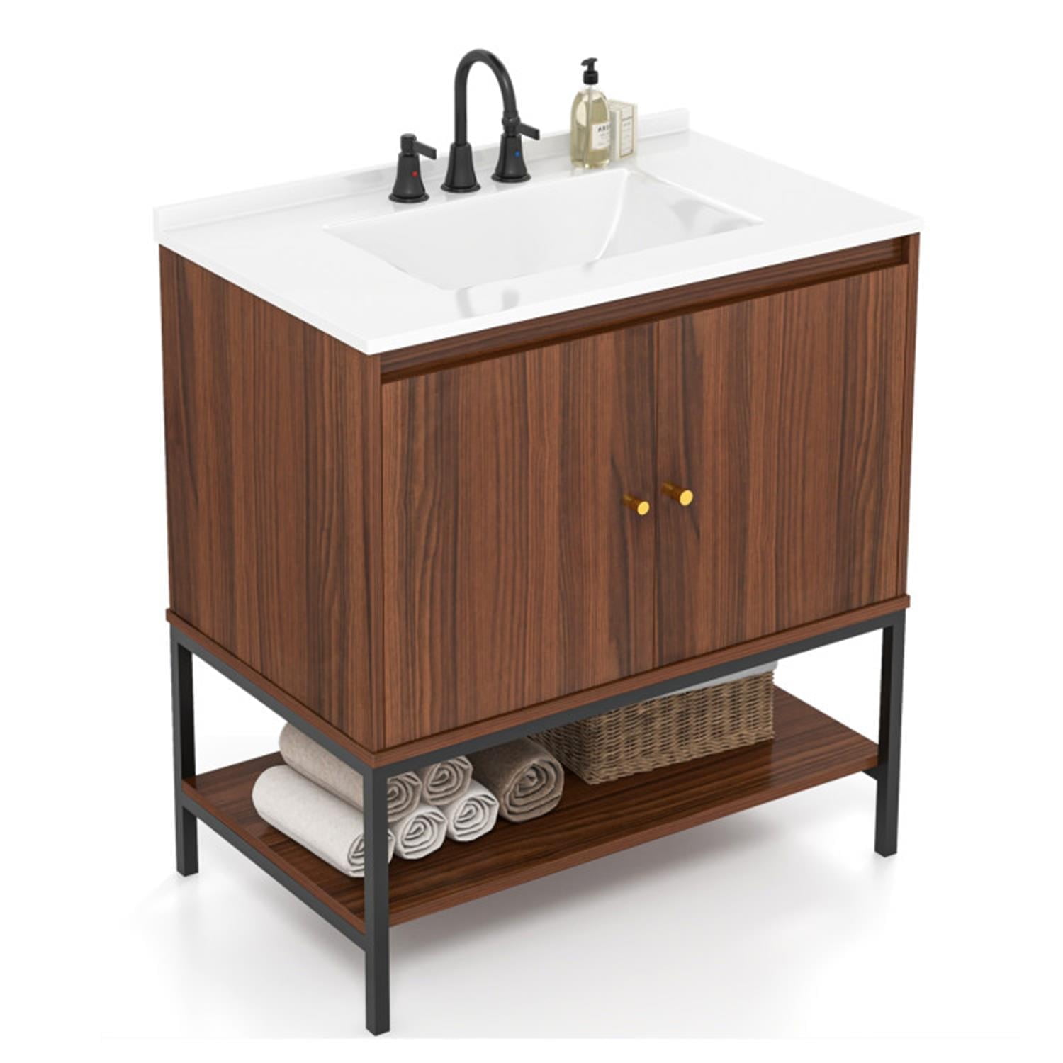 Demi Bonn 31" Bathroom Vanity Sink Combo with Doors and Open Shelf for Small Space, Walnut