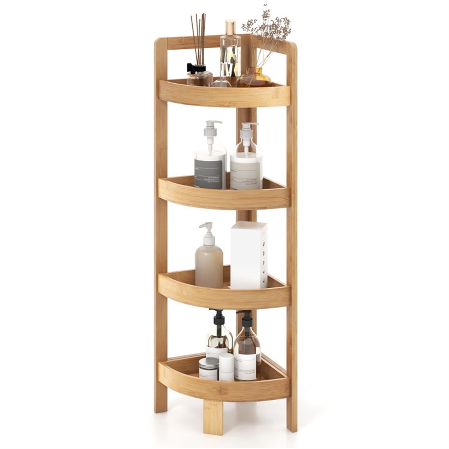 Demi Bonn 31" Corner Shelf, 4-Tier Freestanding Bamboo Display Shelving Tower, Storage Organizer Shelving Unit for Living Room, Bathroom, Kitchen and Office, Beige