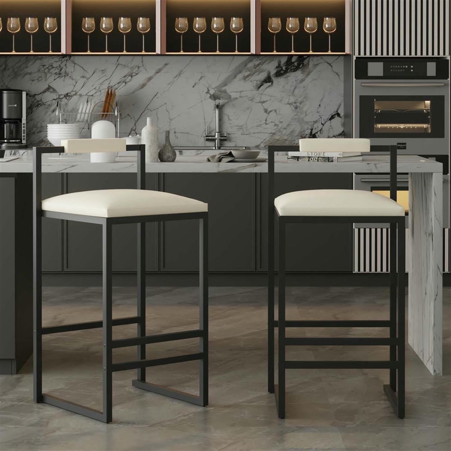 Demi Bonn 32" Counter Height Bar Stools Set of 2, PU Leather Upholstered Barstools with Back, Kitchen Island Countertop Chairs for Dining Room, Beige