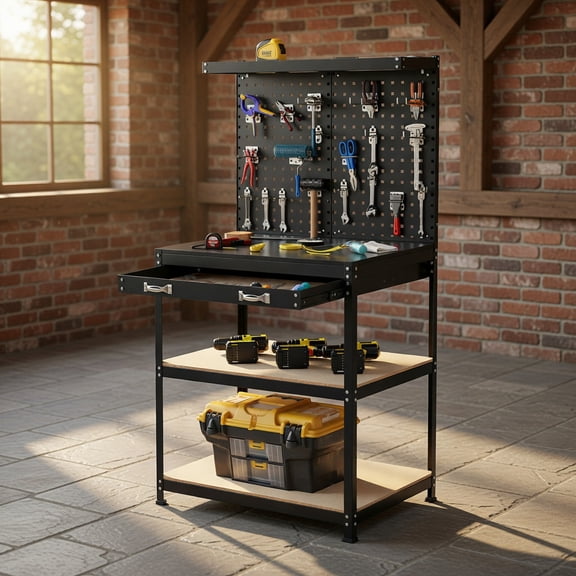 Demi Bonn 32" x 16" Workbench Work Table with 2 PCs Pegboard Drawer and Shelves, 4-Tier Heavy Duty Metal Tool Storage Bench for Garage, Workshop, Black