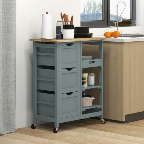 Demi Bonn 33.7" Mobile Kitchen Island Cart with Wood Top Breakfast Bar, Compact Trolley on Wheels with Shelves, Drawers, Gray