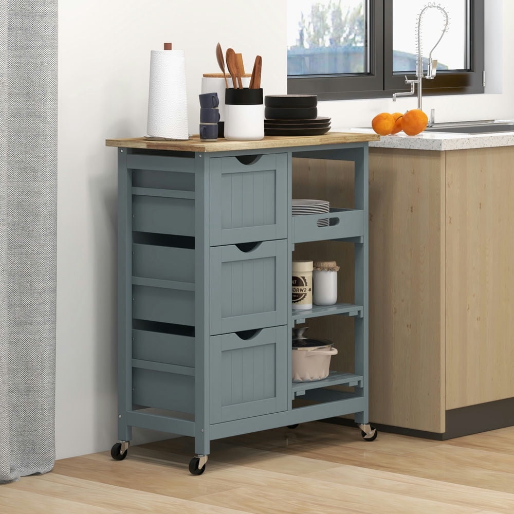 Finihen 33.7" Mobile Kitchen Island Cart with Wood Top Breakfast Bar, Compact Trolley on Wheels with Shelves, Drawers, Gray Finihen 33.7" Mobile Kitchen Island Cart with Wood Top Breakfast Bar, Compact Trolley on Wheels with Shelves, Drawers, Gray