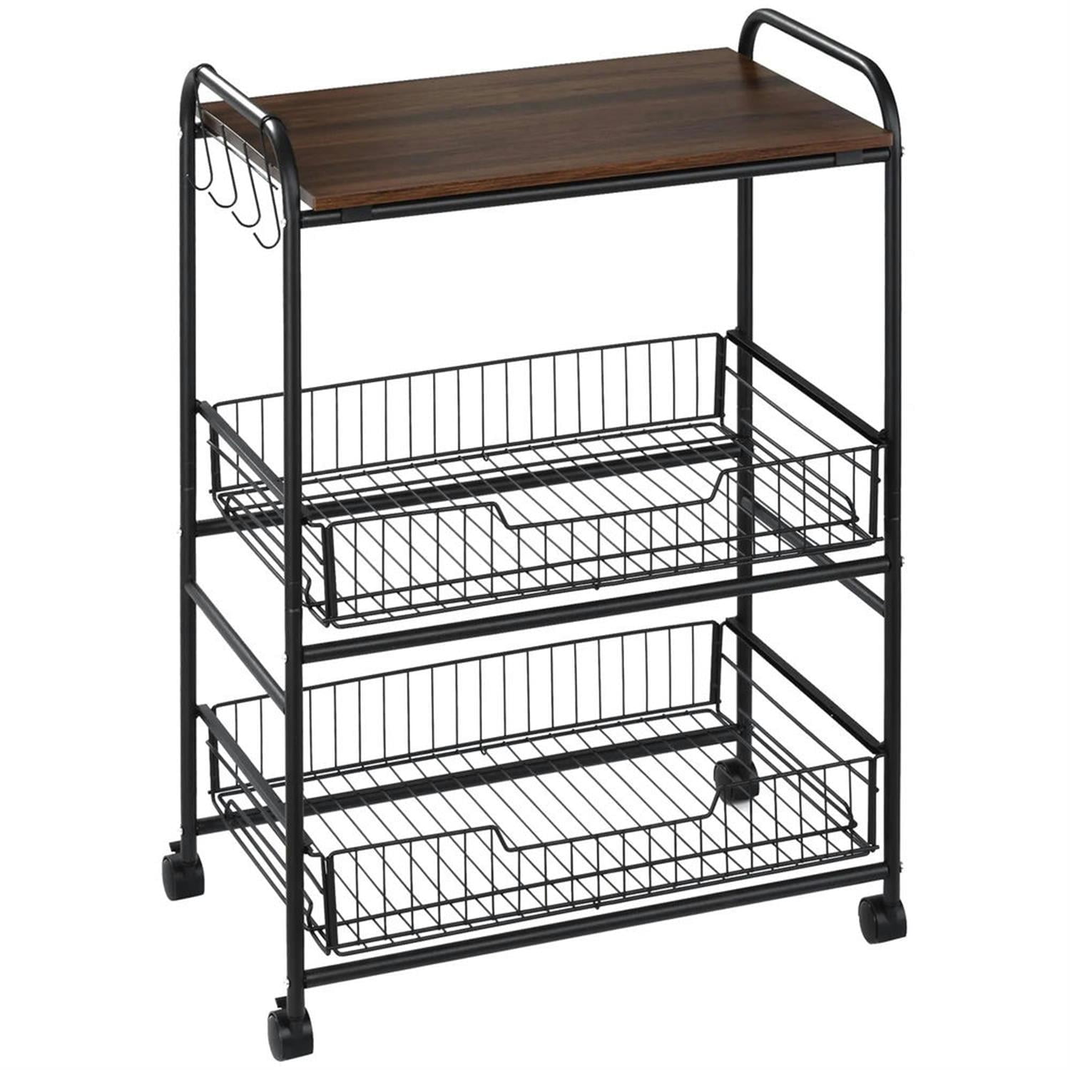 Demi Bonn 33" Kitchen Island Cart on Wheels with Storage, Rolling Dining Room Serving Utility Carts Mobile Movable with Fruit Basket and Side Hooks for Dining Room, Walnut