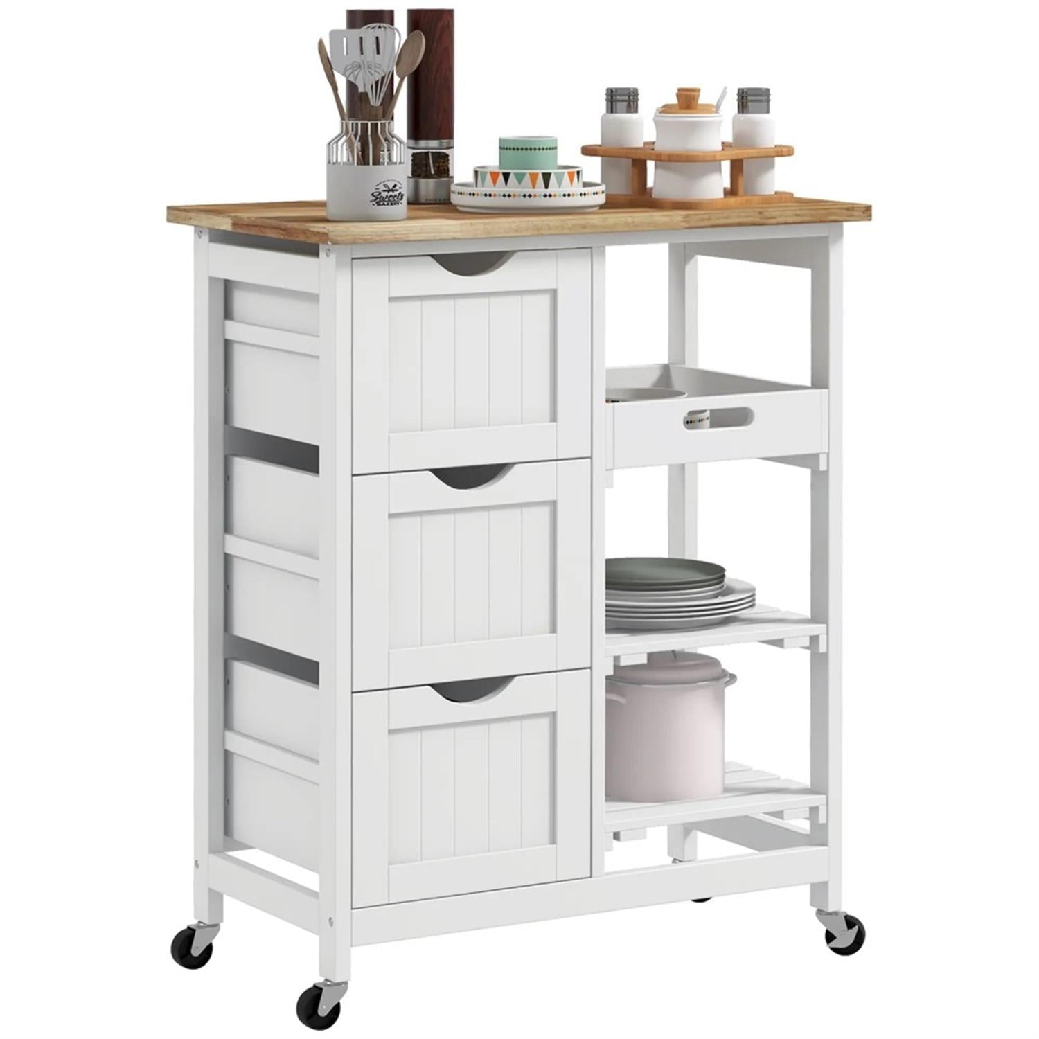 Demi Bonn 33" Kitchen Island Cart on Wheels with Shelves, Rolling Dining Room Serving Utility Carts Mobile Movable with Wood Top and Drawer, White
