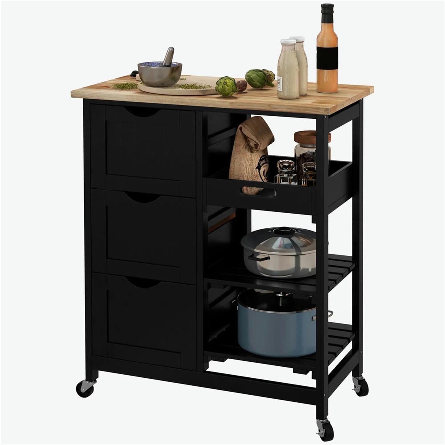 Demi Bonn 33" Kitchen Island Cart on Wheels with Storage, Rolling Dining Room Serving Utility Carts Mobile Movable with Wood Top and Drawer, Black