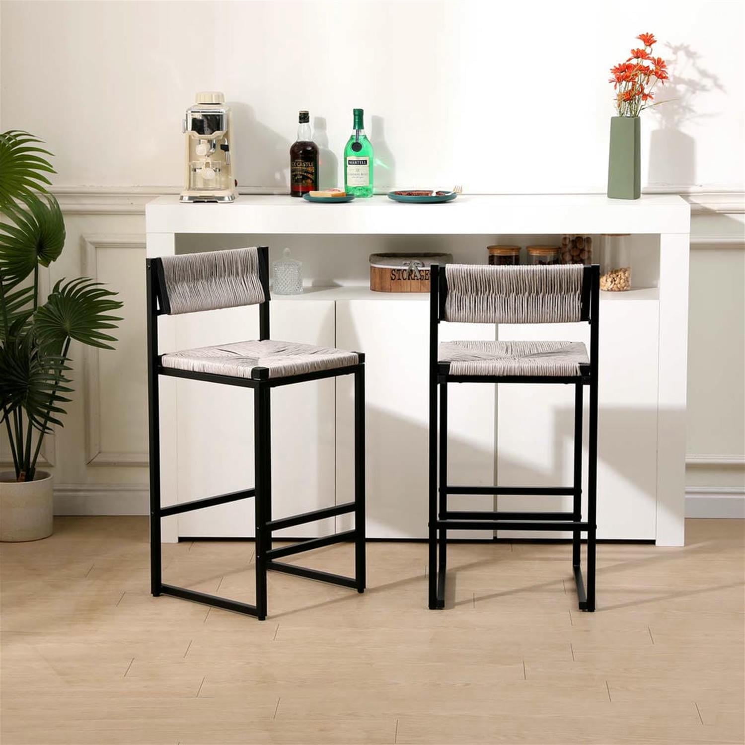 Demi Bonn 34" Counter Height Bar Stools Set of 2, Paper Rope Weave Barstools with Back, Armless Kitchen Island Countertop Chairs for Dining Room, Gray