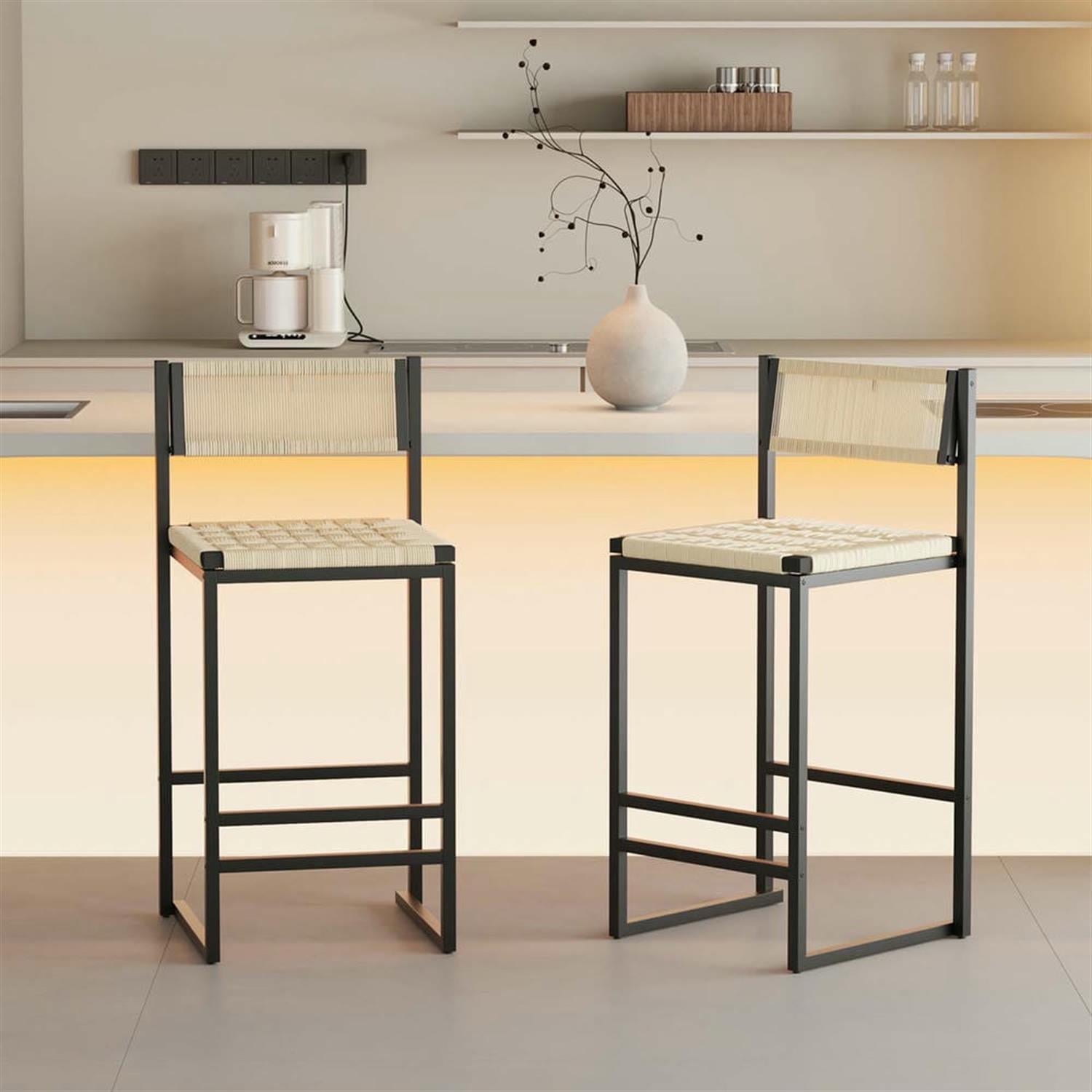 Demi Bonn 34" Counter Height Bar Stools Set of 2, Paper Rope Weave Barstools with Back, Armless Kitchen Island Countertop Chairs for Dining Room, White