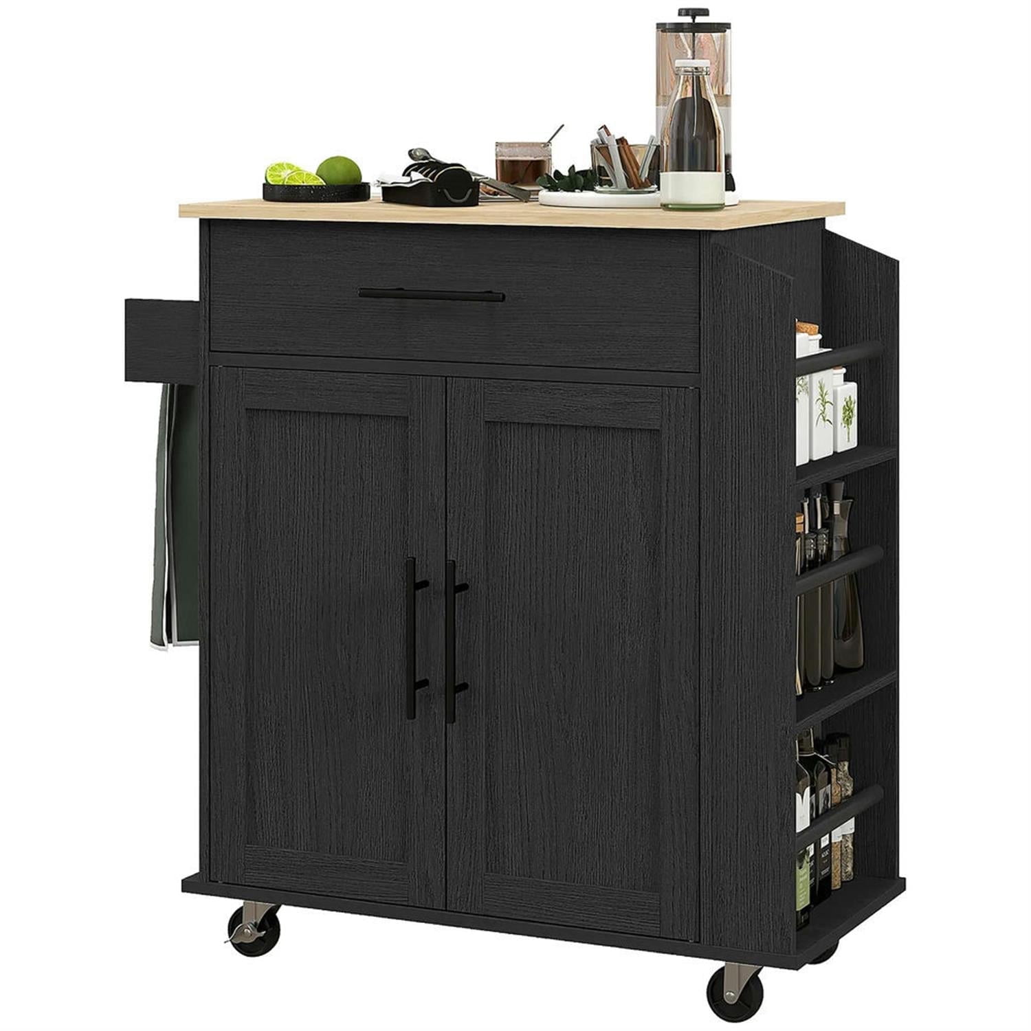Demi Bonn 34" Kitchen Island Cart on Wheels with Storage, Rolling Dining Room Serving Utility Carts Mobile Movable with Power Outlets and Drawer for Dining Room, Black