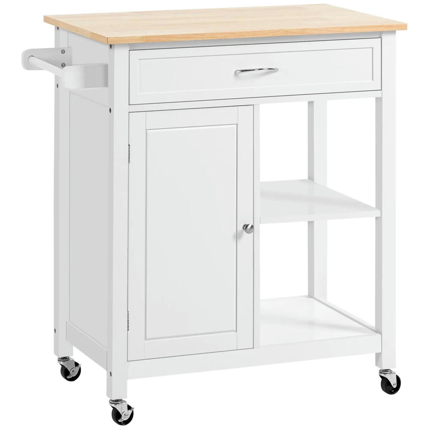 Demi Bonn 34" Kitchen Island Cart on Wheels with Storage Shelf, Rolling Dining Room Serving Utility Carts Mobile Movable with Wood Top and Drawer, White