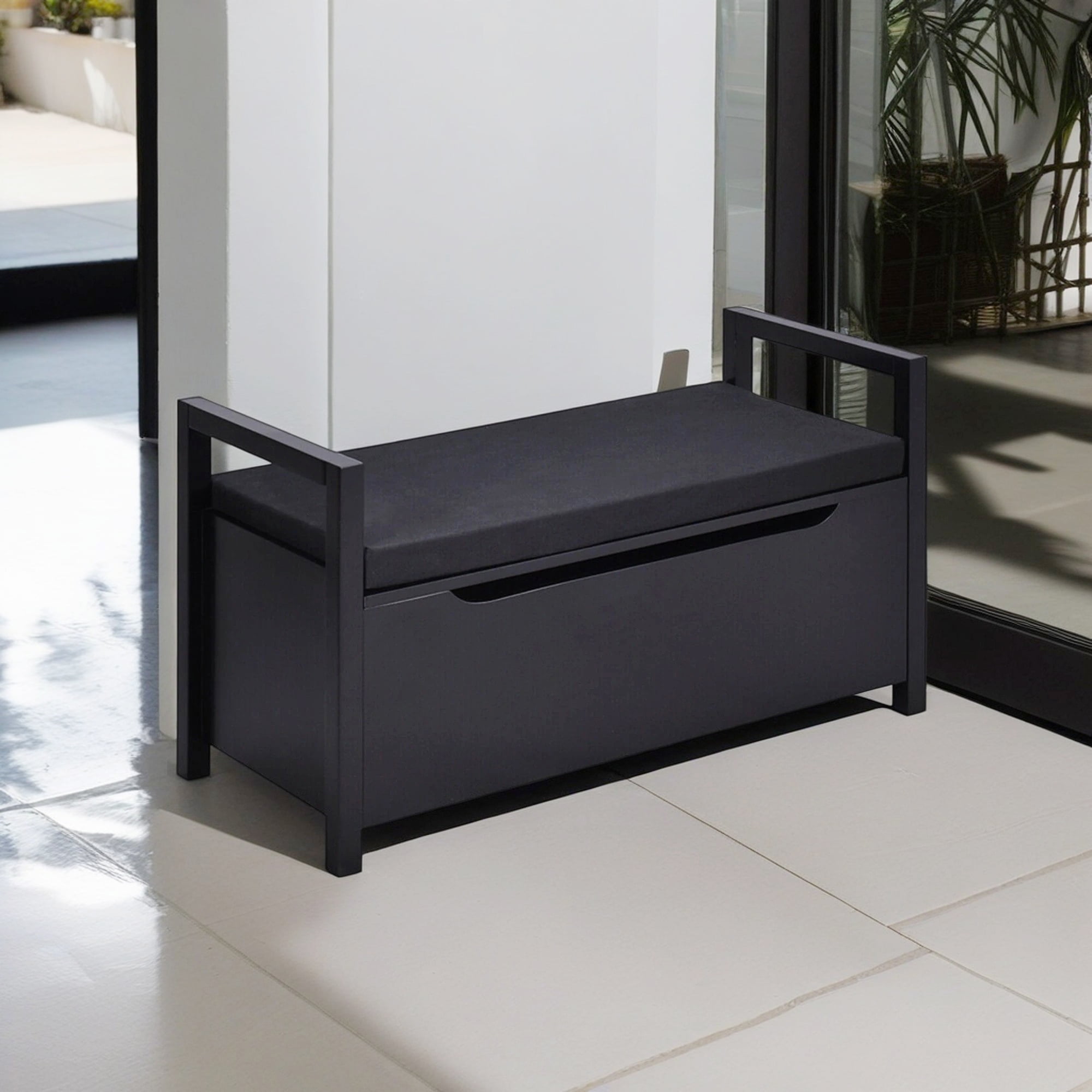 Finihen 34" Storage Bench with Cushion, Lift-Top Toy Storage Organizer Trunk with 2 Safety Hinges, Wood Storage Box Chest for Bedroom, Entryway, Living Room, Black Finihen 34" Storage Bench with Cushion, Lift-Top Toy Storage Organizer Trunk with 2 Safety Hinges, Wood Storage Box Chest for Bedroom, Entryway, Living Room, Black