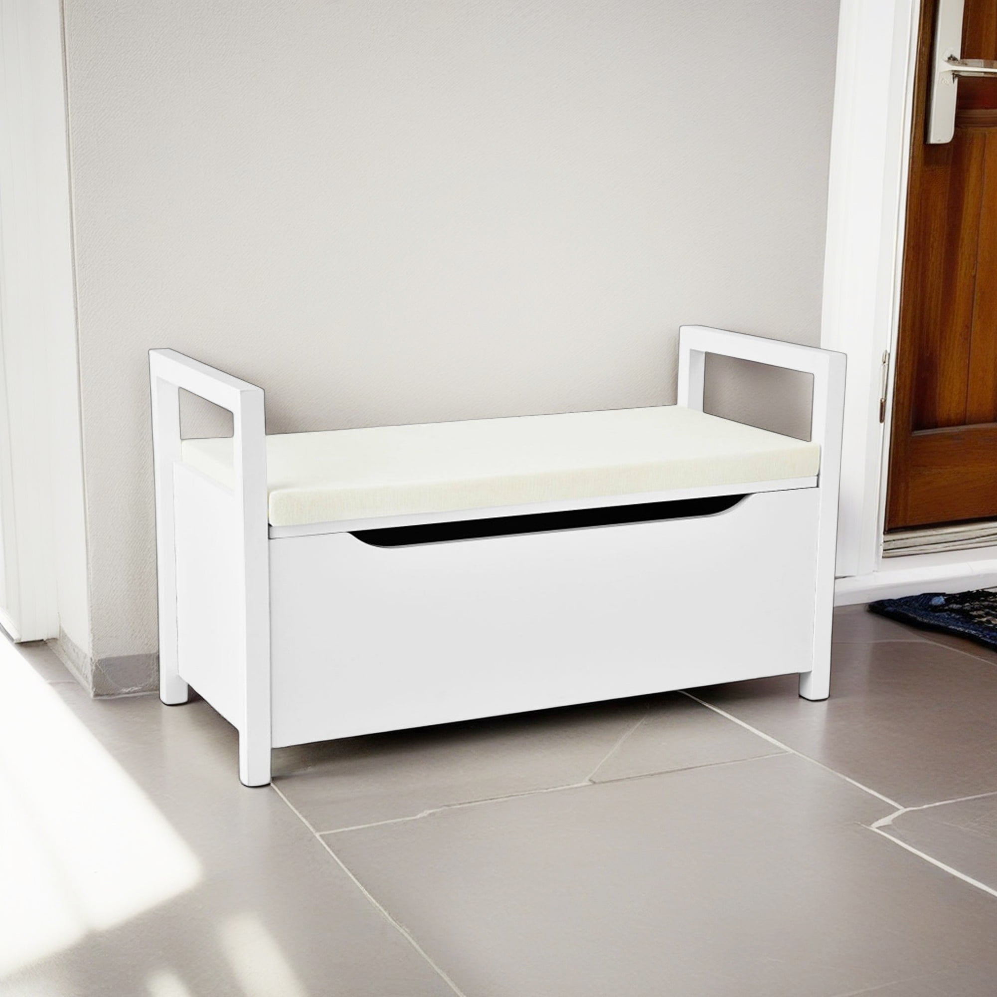 Finihen 34" Storage Bench with Cushion, Lift-Top Toy Storage Organizer Trunk with 2 Safety Hinges, Wood Storage Box Chest for Bedroom, Entryway, Living Room, White Finihen 34" Storage Bench with Cushion, Lift-Top Toy Storage Organizer Trunk with 2 Safety Hinges, Wood Storage Box Chest for Bedroom, Entryway, Living Room, White