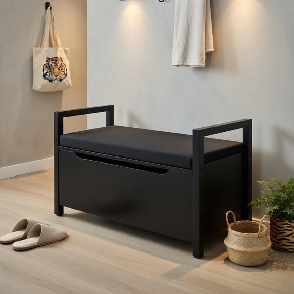 Demi Bonn 34" Storage Bench with Cushion, Lift-Top Toy Storage Organizer Trunk with 2 Safety Hinges, Wood Storage Box Chest for Bedroom, Entryway, Living Room, Black