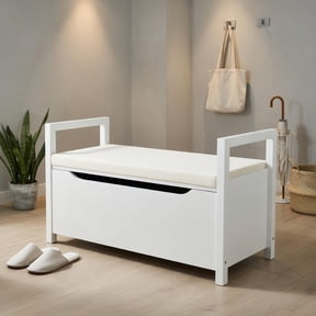 Demi Bonn 34" Storage Bench with Cushion, Lift-Top Toy Storage Organizer Trunk with 2 Safety Hinges, Wood Storage Box Chest for Bedroom, Entryway, Living Room, White