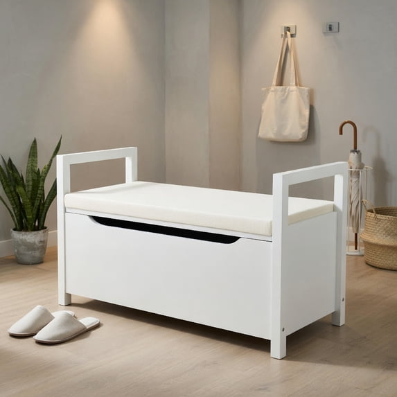 Demi Bonn 34" Storage Bench with Cushion, Lift-Top Toy Storage Organizer Trunk with 2 Safety Hinges, Wood Storage Box Chest for Bedroom, Entryway, Living Room, White