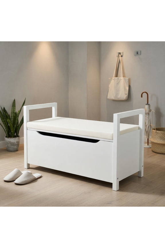 34" Storage Bench with Cushion, Lift-Top Toy Storage Organizer Trunk with 2 Safety Hinges, Wood Storage Box Chest for Bedroom, Entryway, Living Room, White