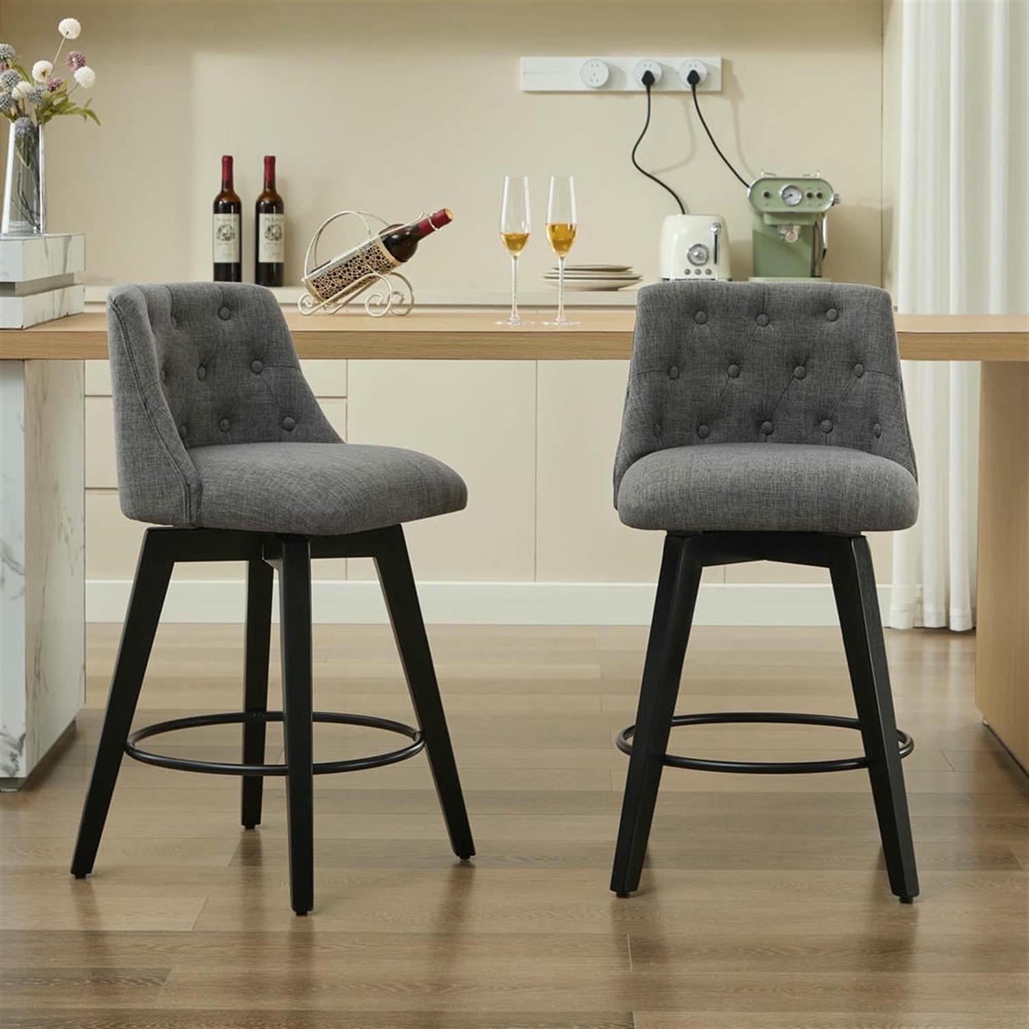 Demi Bonn 35" Counter Height Bar Stools Set of 2, Linen Fabric Swivel Barstools with Tufted Back, Kitchen Island Countertop Chairs for Dining Room, Gray
