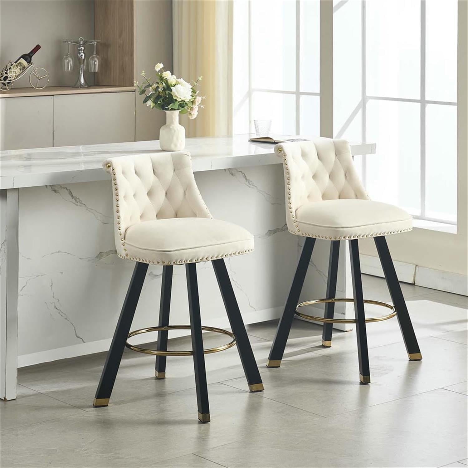 Demi Bonn 35" Counter Height Bar Stools Set of 2, Velvet Swivel Barstools with Back Pull Loop Detachable, Kitchen Island Countertop Chairs for Dining Room, Beige