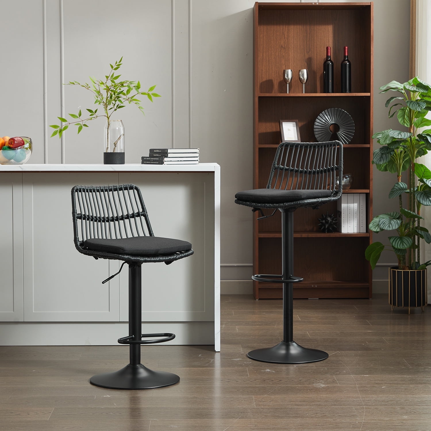 Demi Bonn 35" Counter Height Bar Stools Set of 2, Rattan Swivel Barstools with Back, Kitchen Island Countertop Chairs for Dining Room, Black