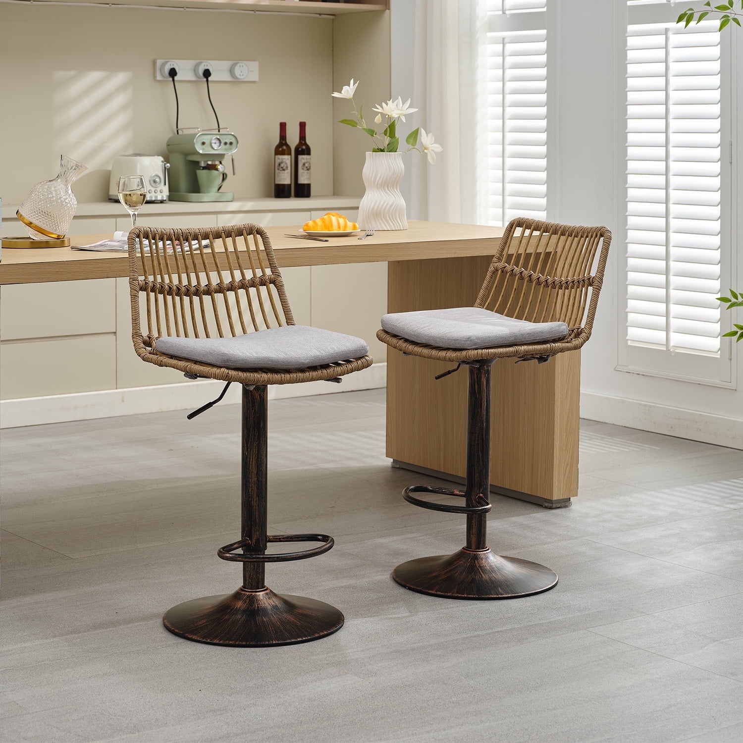 Demi Bonn 35" Counter Height Bar Stools Set of 2, Rattan Swivel Barstools with Back, Kitchen Island Countertop Chairs for Dining Room, Gray