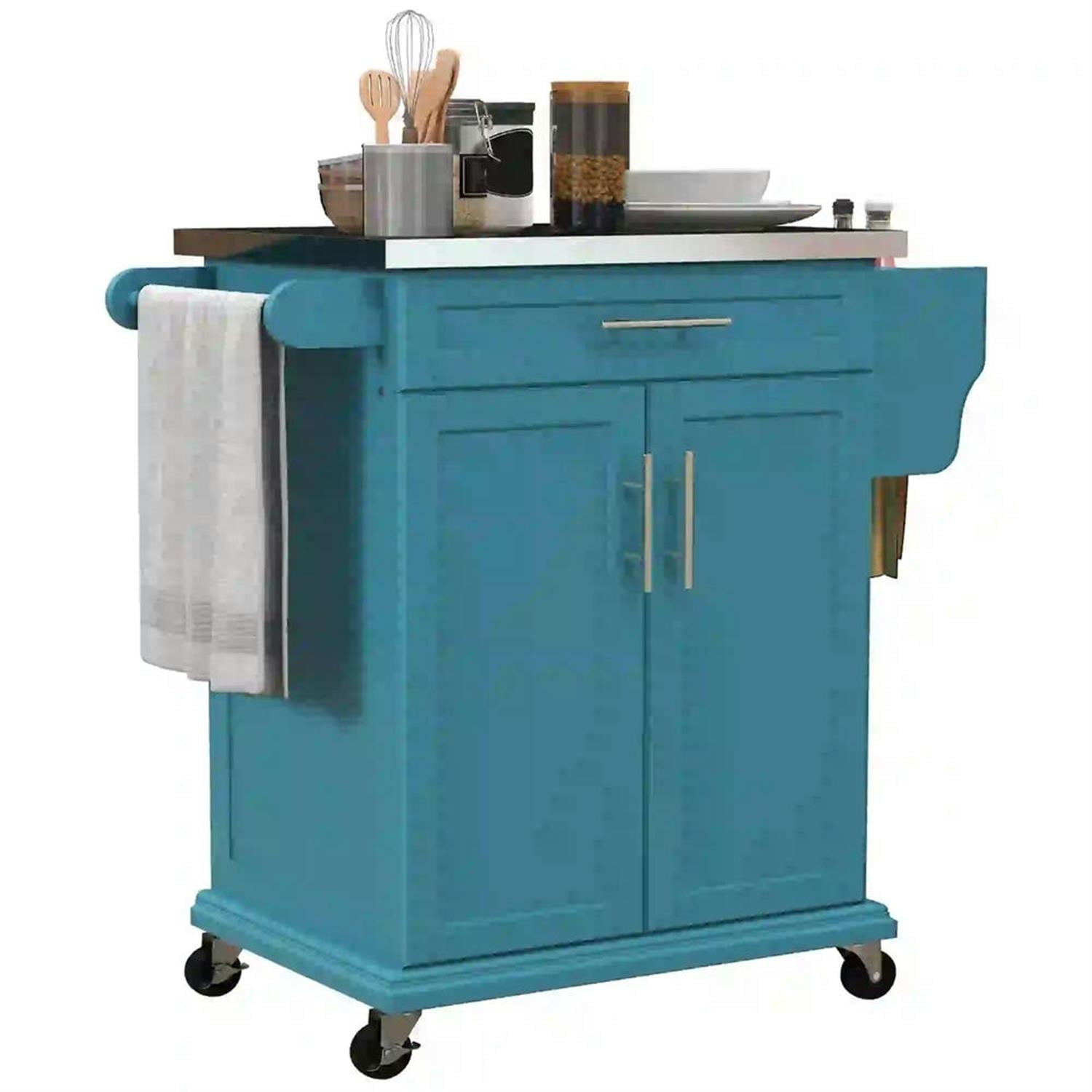 Demi Bonn 35" Kitchen Island Cart on Wheels with Stainless Steel Top, Rolling Dining Room Serving Utility Carts Mobile Movable with Towel Rack, Blue