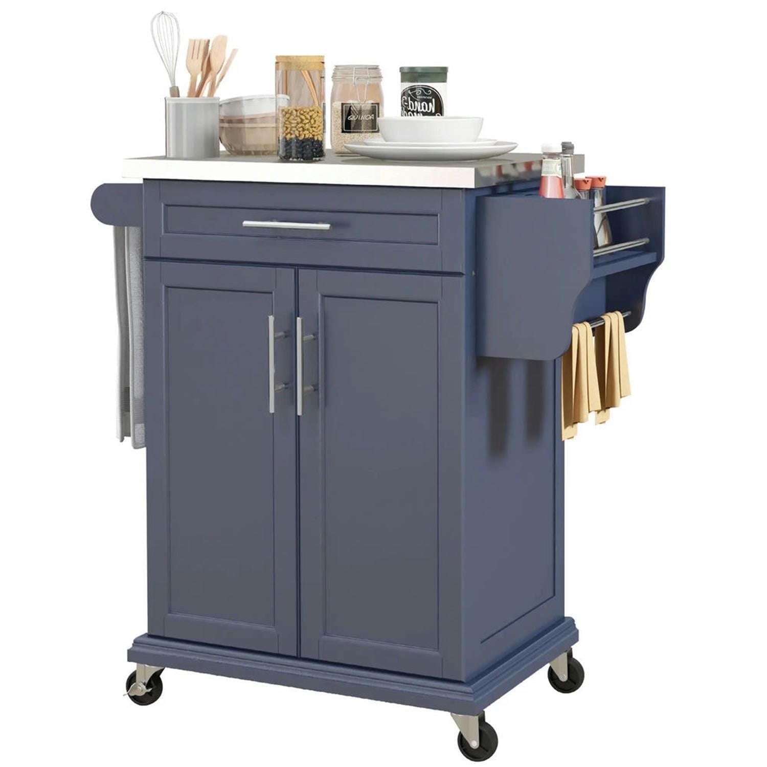 Demi Bonn 35" Kitchen Island Cart on Wheels with Stainless Steel Top, Rolling Dining Room Serving Utility Carts Mobile Movable with Towel Rack, Gray
