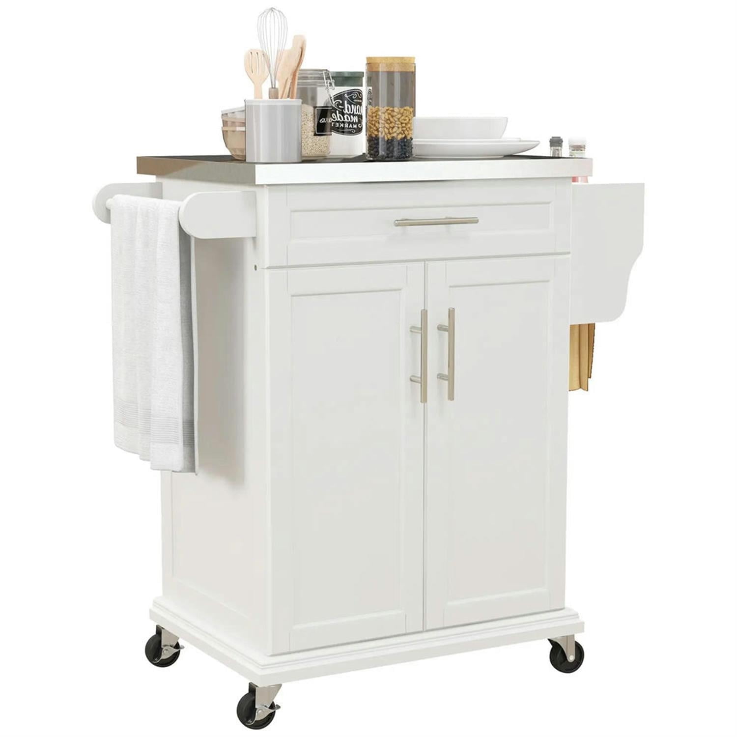 Demi Bonn 35" Kitchen Island Cart on Wheels with Stainless Steel Top, Rolling Dining Room Serving Utility Carts Mobile Movable with Towel Rack, White