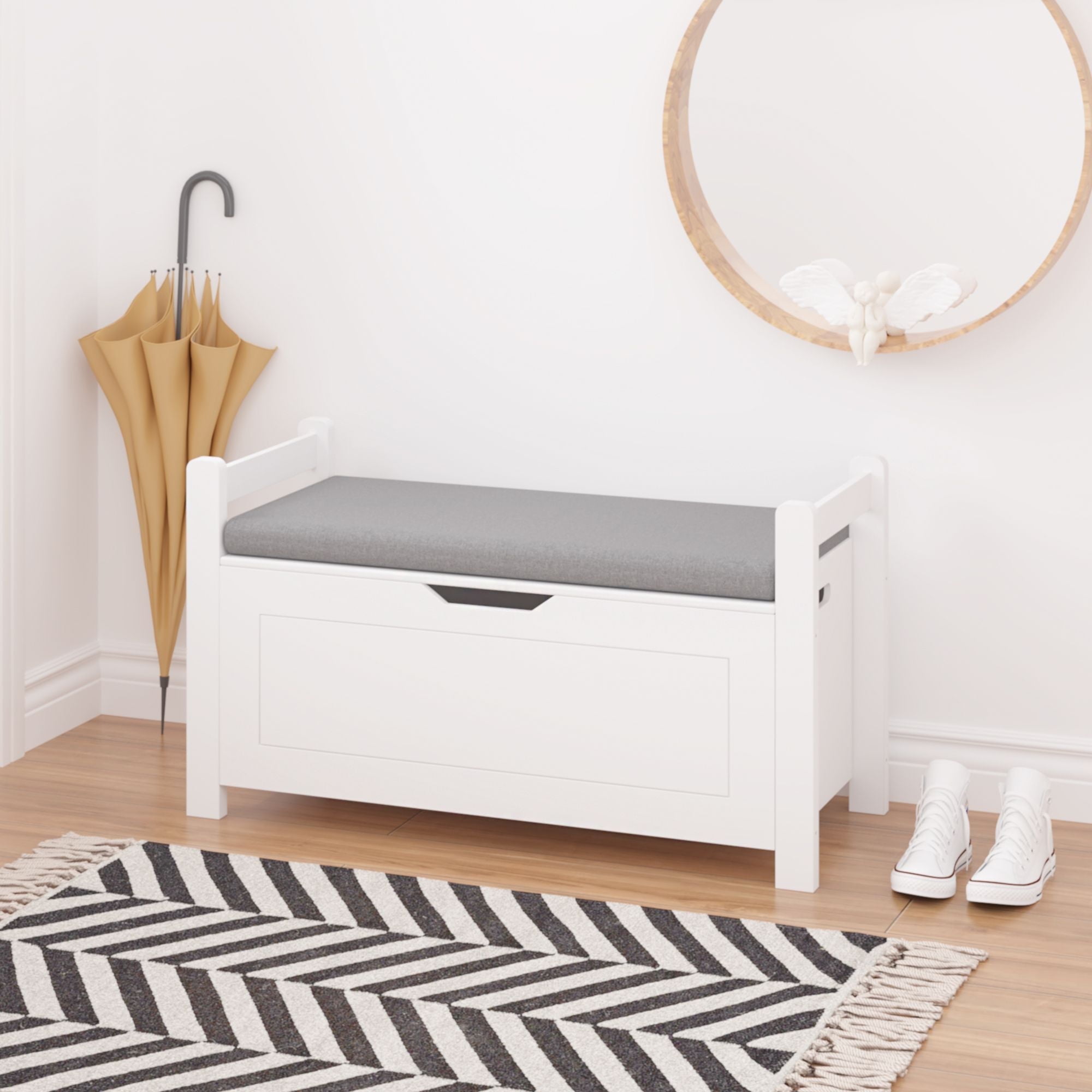 Finihen 35" Storage Bench with Cushion, Lift-Top Toy Storage Organizer Trunk with 2 Safety Hinges, Wood Storage Box Chest for Bedroom, Entryway, Living Room, White Finihen 35" Storage Bench with Cushion, Lift-Top Toy Storage Organizer Trunk with 2 Safety Hinges, Wood Storage Box Chest for Bedroom, Entryway, Living Room, White