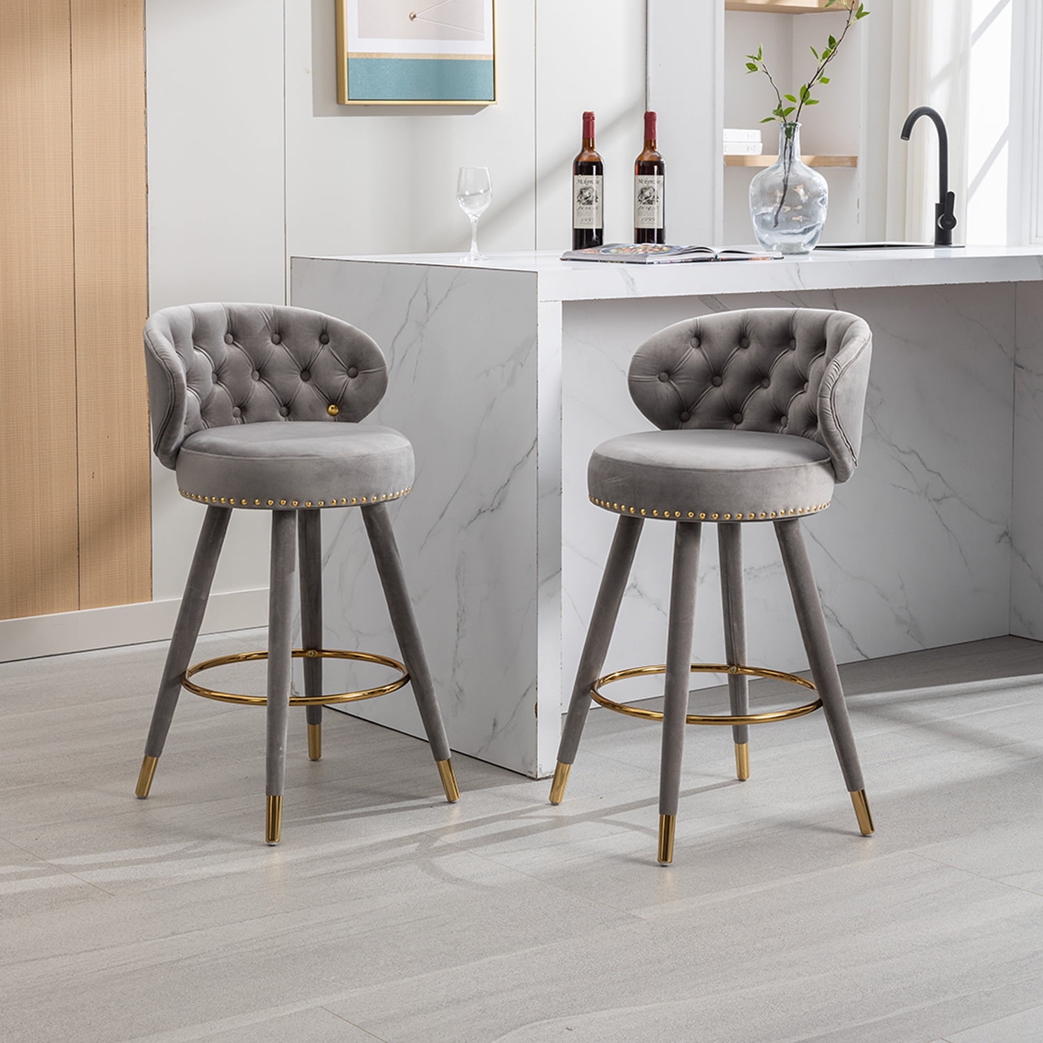 Demi Bonn 36" Counter Height Bar Stools Set of 2, Upholstered Barstools with Backrest, Kitchen Island Countertop Chairs for Dining Room, Gray