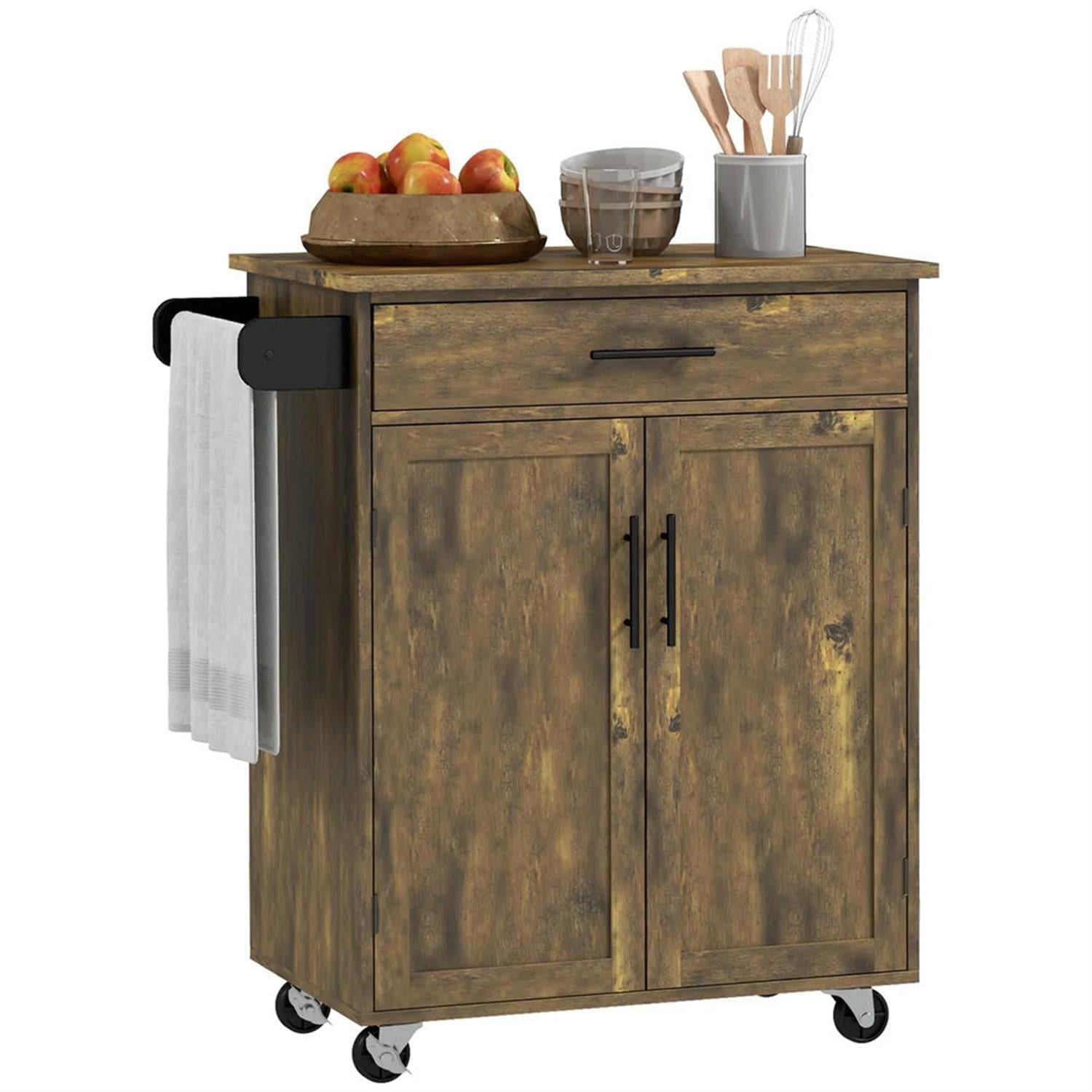 Demi Bonn 36" Kitchen Island Cart on Wheels with Drawer, Storage Cabinet, Rolling Dining Room Serving Utility Carts Mobile Movable with Towel Rack, Brown