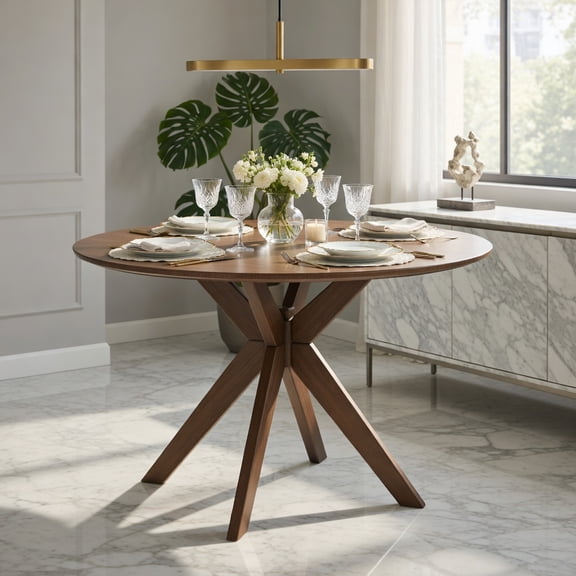 Demi Bonn 36" Round Wood Dining Table with Intersecting Pedestal Base, Modern Kitchen Table Furniture for Dining Room, Dinette, Compact Space-Saving, Brown