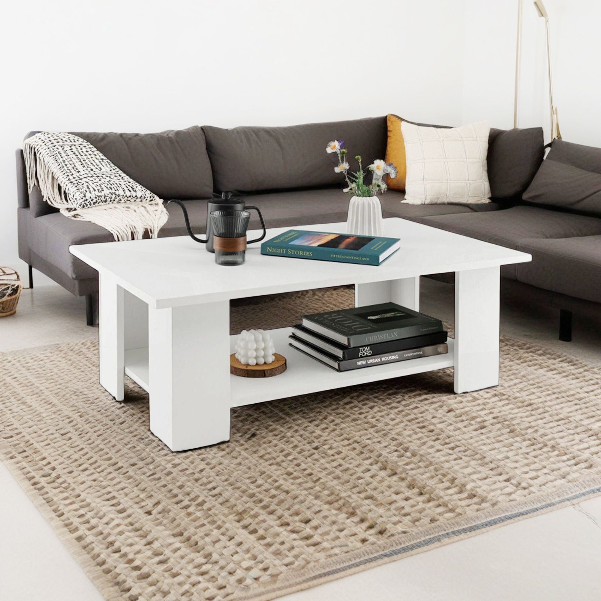 Demi Bonn 36" Wooden Coffee Table, Large 2-tier Modern Side Table with Storage Shelf for Living Room, Reception Room, White