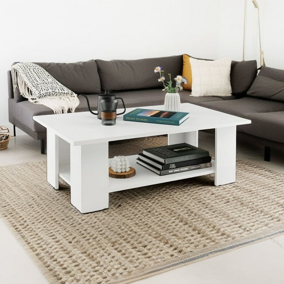 Demi Bonn 36" Wooden Coffee Table, Large 2-tier Modern Side Table with Storage Shelf for Living Room, Reception Room, White