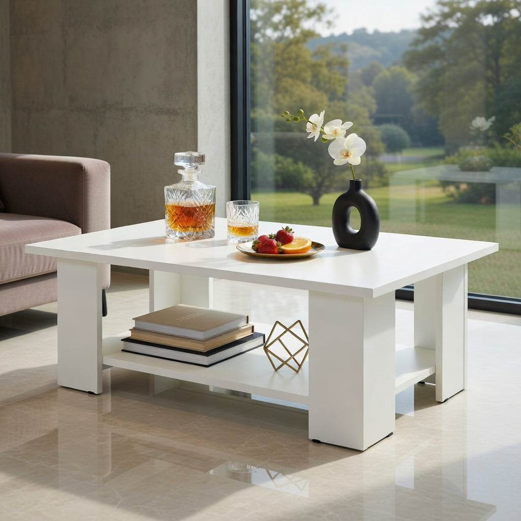 Demi Bonn 36" Wooden Coffee Table, Large 2-tier Modern Side Table with Storage Shelf for Living Room, Reception Room, White