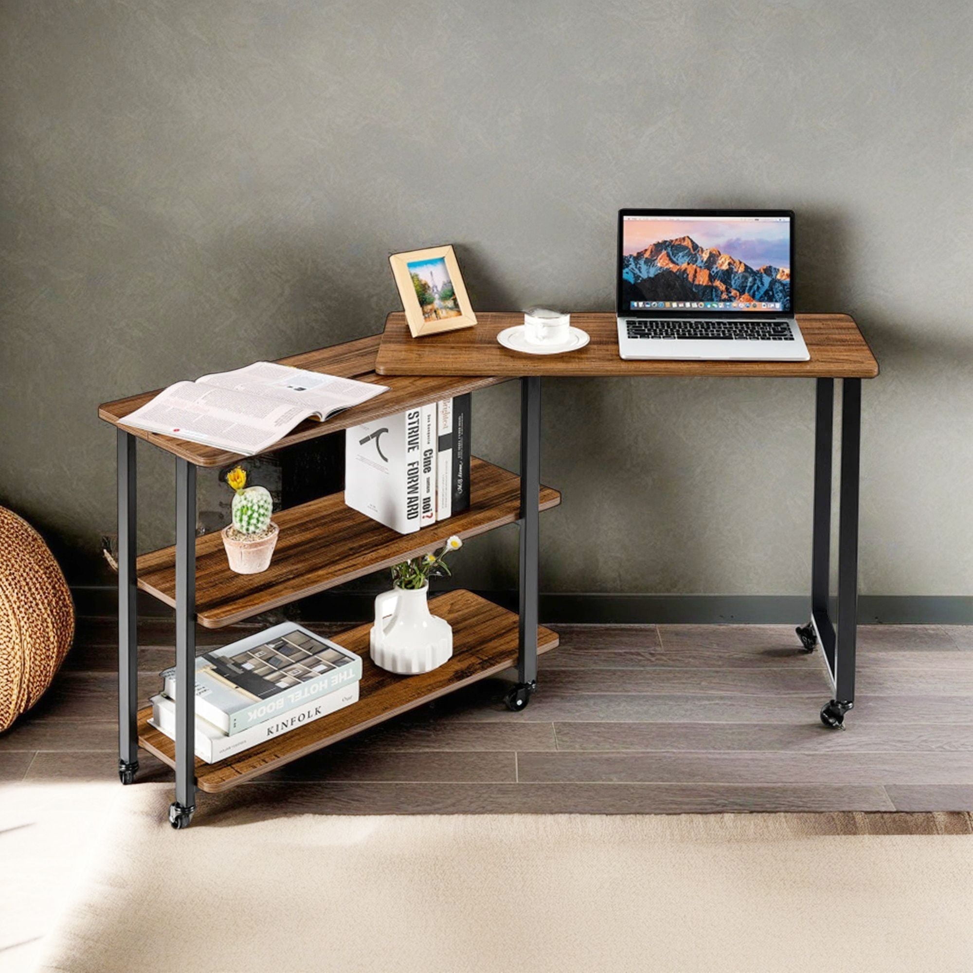 Demi Bonn 360° Free Rotating Sofa Side Table, Couch Table, Snack Table, End Table with Storage Shelves and Wheels for Home, Office, Brown