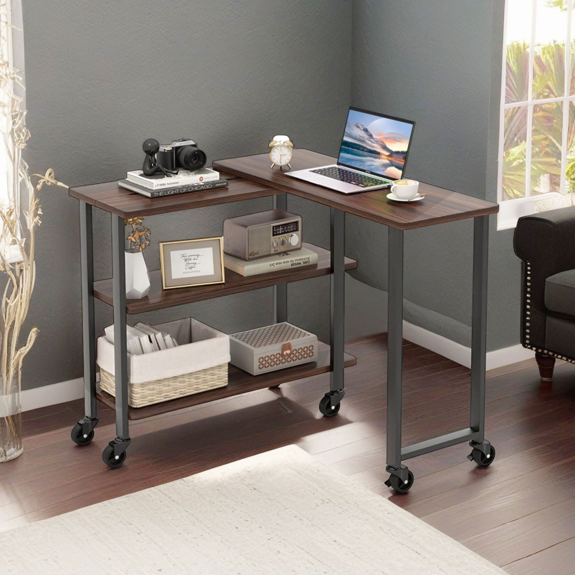 Demi Bonn 360° Free Rotating Sofa Side Table, Couch Table, Snack Table, End Table with Storage Shelves and Wheels for Home, Office, Walnut