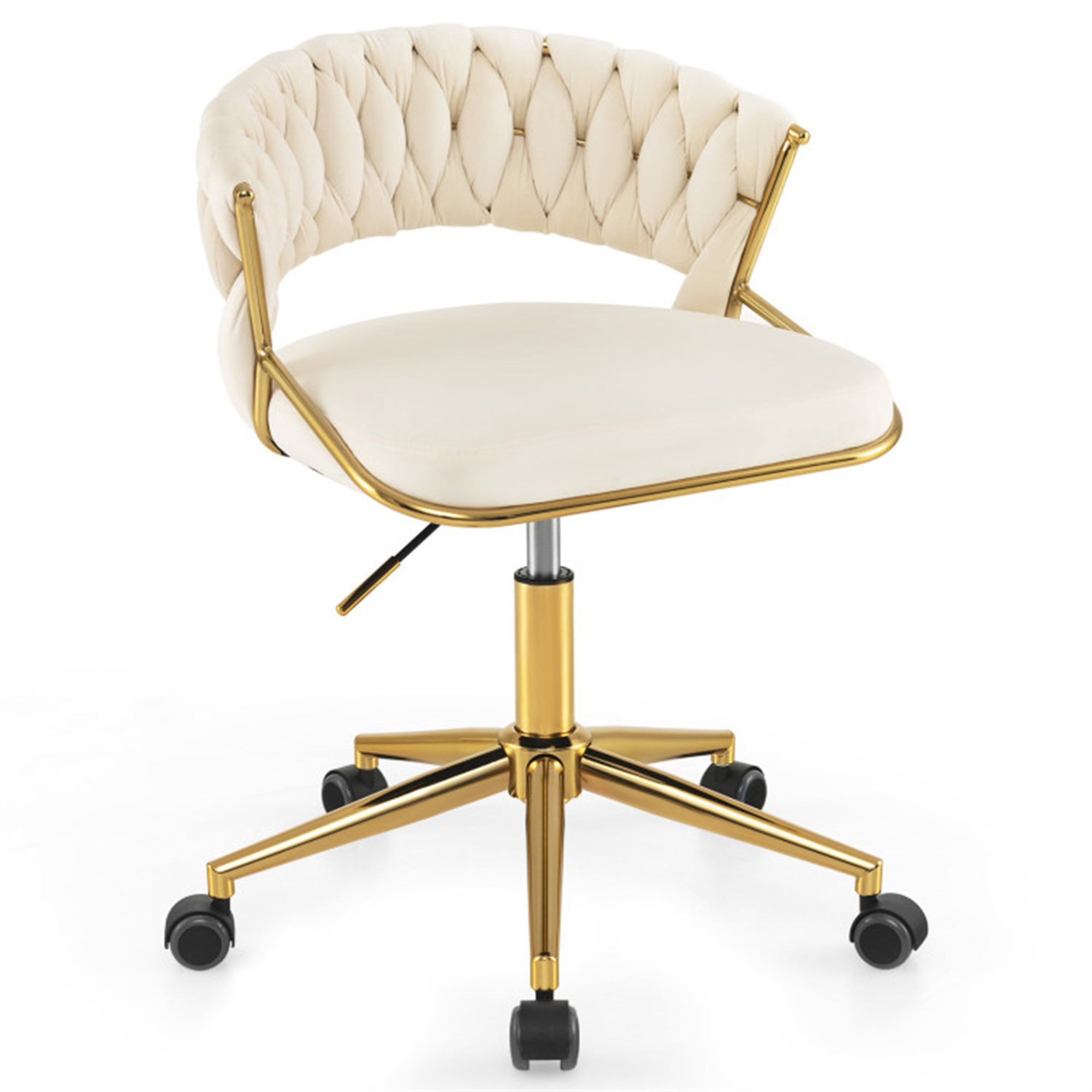 Finihen 360° Height Adjustable Swivel Upholstered Desk Computer Chair with Hand-woven Back for Home, Bedroom, Study, Beige Finihen 360° Height Adjustable Swivel Upholstered Desk Computer Chair with Hand-woven Back for Home, Bedroom, Study, Beige