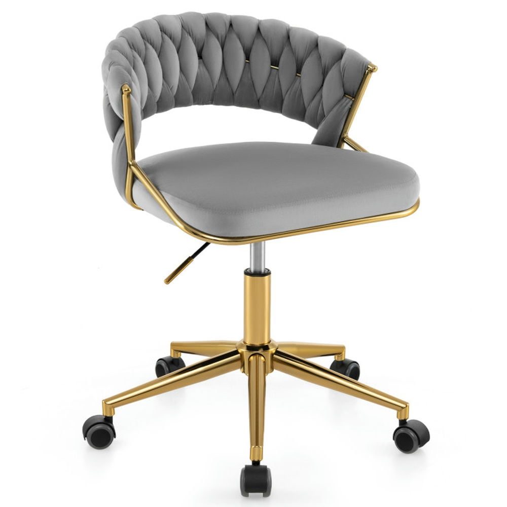 Finihen 360° Height Adjustable Swivel Upholstered Desk Computer Chair with Hand-woven Back for Home, Bedroom, Study, Gray Finihen 360° Height Adjustable Swivel Upholstered Desk Computer Chair with Hand-woven Back for Home, Bedroom, Study, Gray