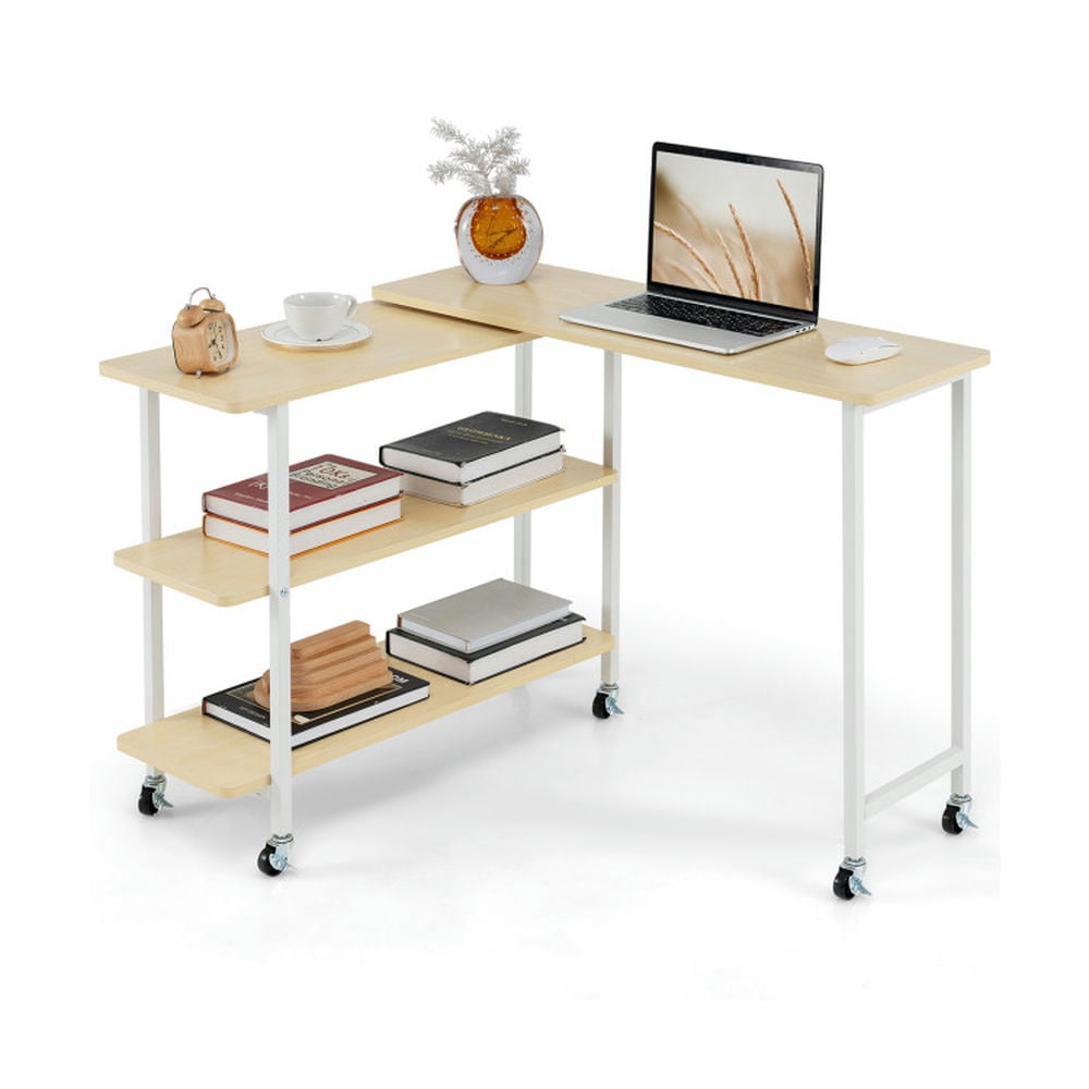 Finihen 360° Rotating Computer Desk with 2-Tier Storage Shelves, Small Home Office Desk Study Writing Table, Beige Finihen 360° Rotating Computer Desk with 2-Tier Storage Shelves, Small Home Office Desk Study Writing Table, Beige
