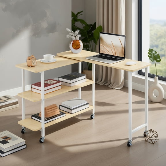 Demi Bonn 360° Rotating Computer Desk with 2-Tier Storage Shelves, Small Home Office Desk Study Writing Table, Beige