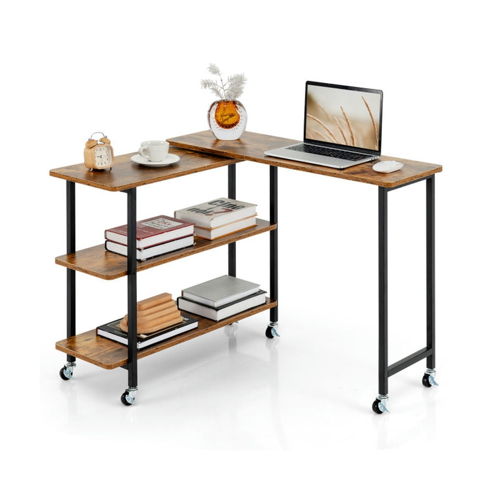 Finihen 360° Rotating Computer Desk with 2-Tier Storage Shelves, Small Home Office Desk Study Writing Table, Brown Finihen 360° Rotating Computer Desk with 2-Tier Storage Shelves, Small Home Office Desk Study Writing Table, Brown