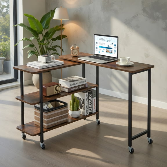 Demi Bonn 360° Rotating Computer Desk with 2-Tier Storage Shelves, Small Home Office Desk Study Writing Table, Rustic Brown